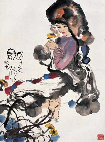 刘汉 戊午（1978年）作 拈花姑娘 立轴